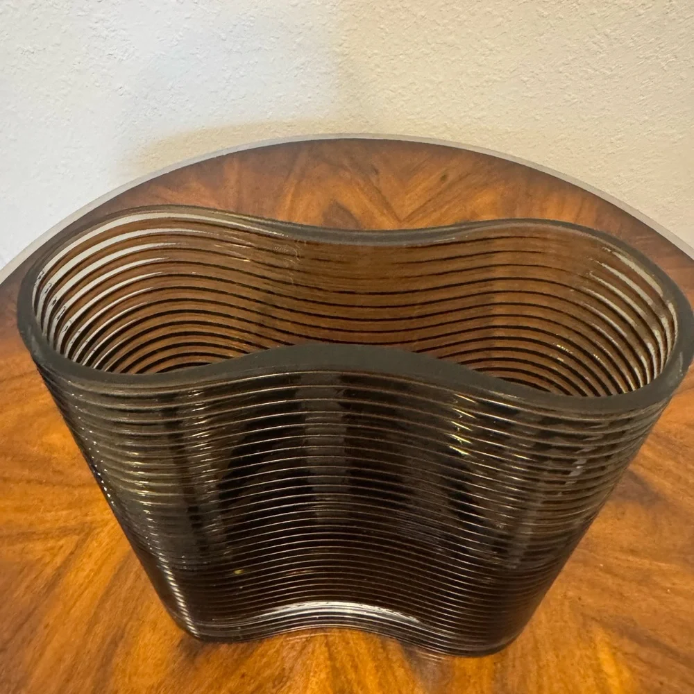 Mid-Century Wavy Glass Vase in Smoky Green/Gray Hand Blown In Poland 8” - Picture 2 of 7